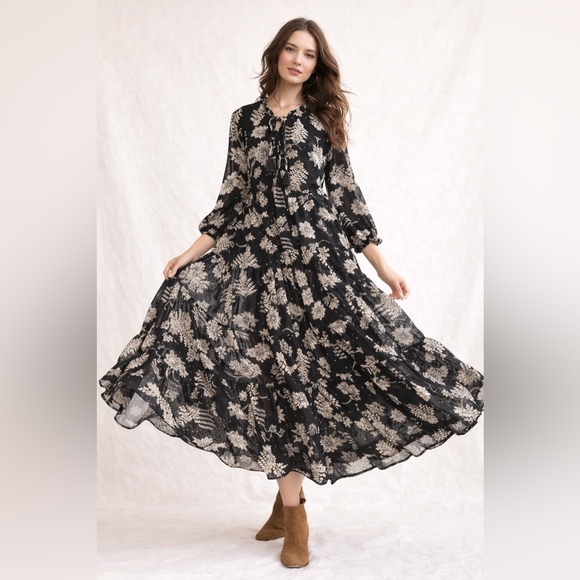 Polagram Dresses & Skirts - Polagram Black Floral Tiered Maxi Dress Tassel Tie Neck Cottagecore Boho M